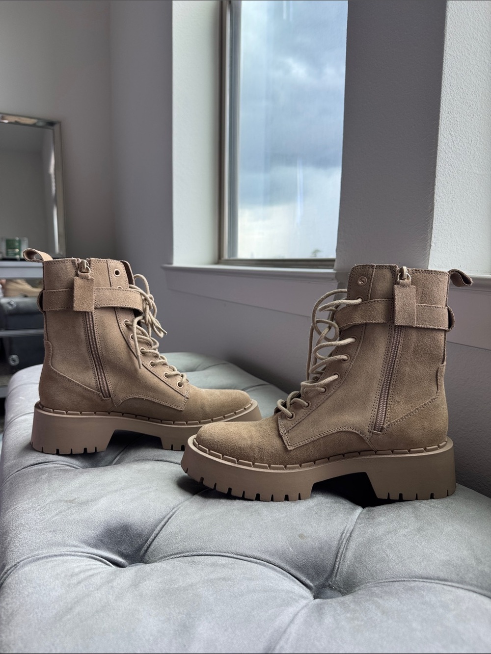 Zara Beige Suede Lace-Up Combat Boots